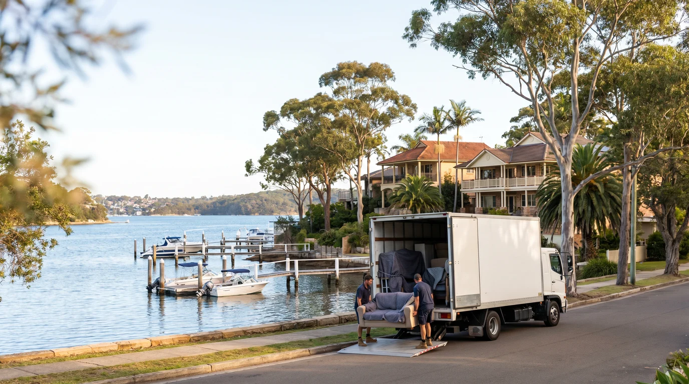 A removal truck at the kerb on a street in Dolans Bay, Cronulla peninsula